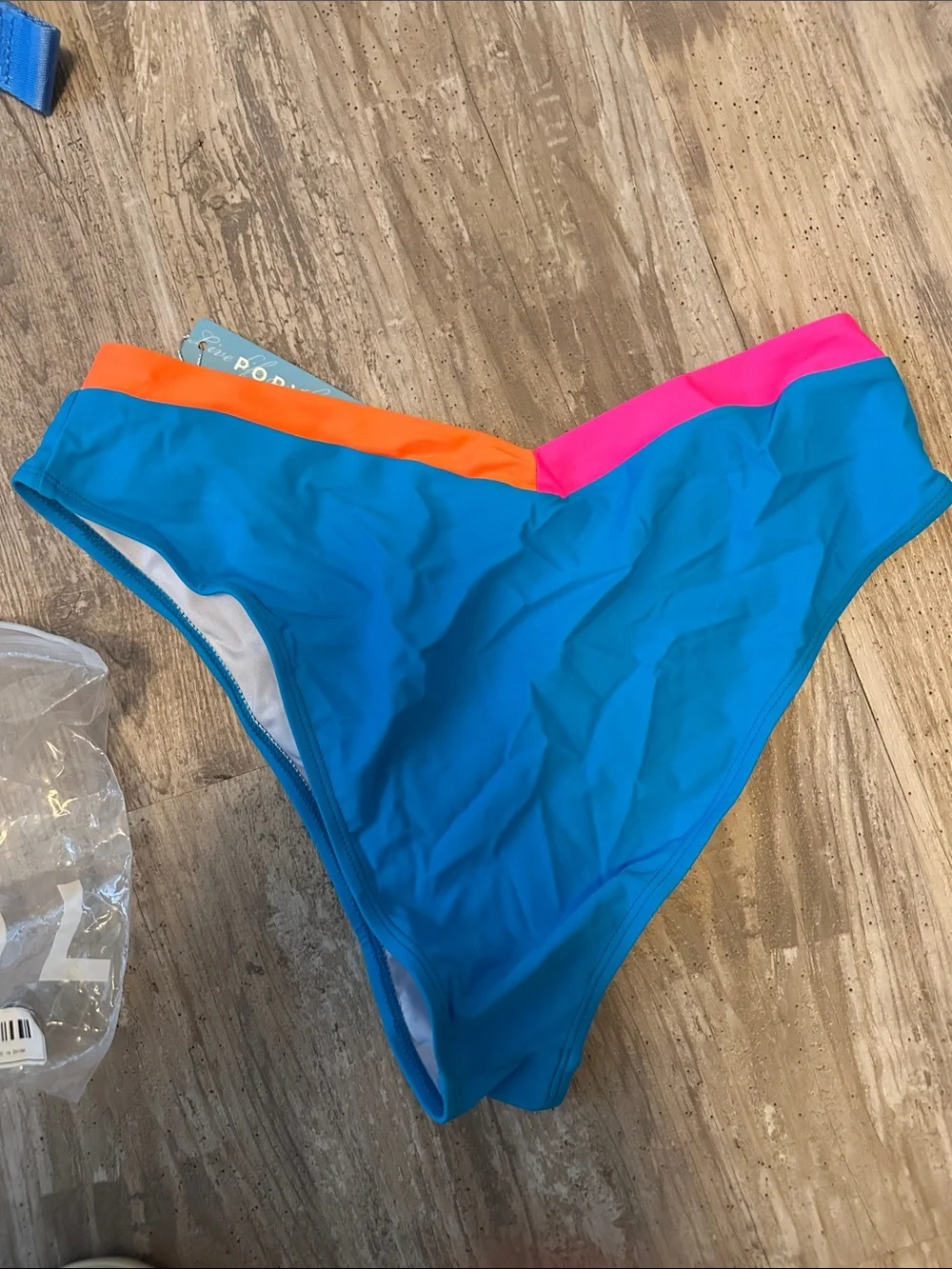 Popvil High-Cut Bikini Bottoms in Teal with Pink & Orange sz M NWT